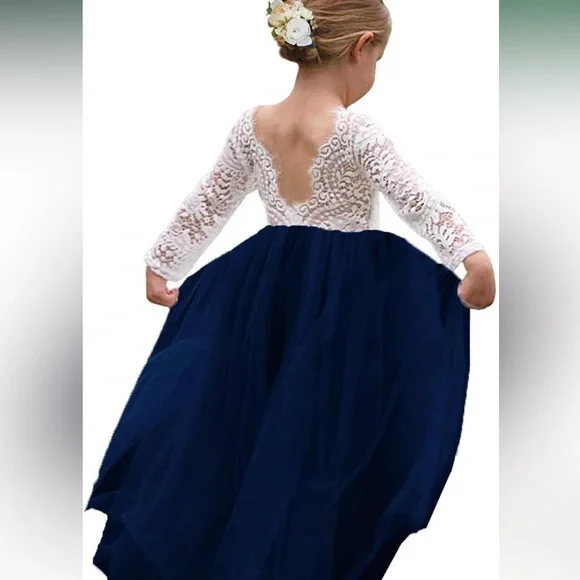 Toddler Full-Length Tulle Tutu Lace Back Party Flower Girl Dress - Navy - Picture 4 of 4